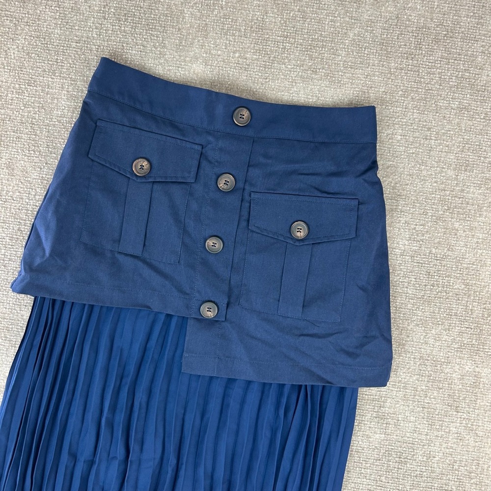 Commense Patchwork Midi Skirt Women S Blue Asymmetrical Hem Pleated Button Front